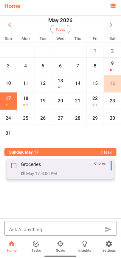 YaToDo Calendar screen with daily agenda and monthly view