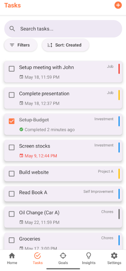 YaToDo Tasks screen with filters and due dates
